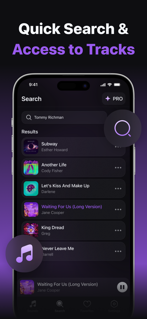 Music Equalizer: Bass Tuner. - Music app search interface showing a list of songs and quick access to tracks
