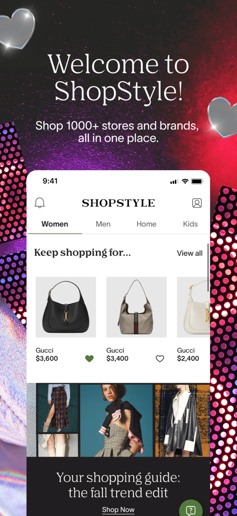 ShopStyle app welcome screen featuring luxury Gucci handbags and a fall trend shopping guide.