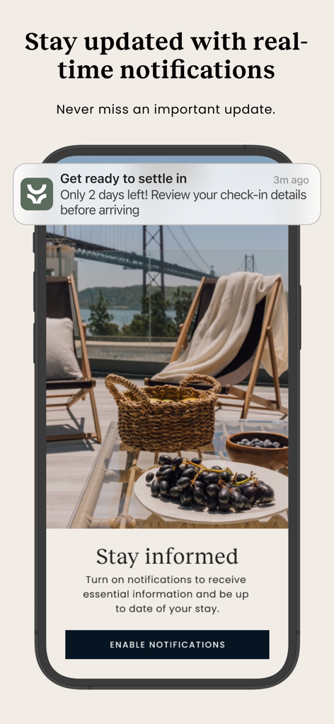 Mobile screenshot of the Ukio app interface showing a check in notification and a button to enable alerts.