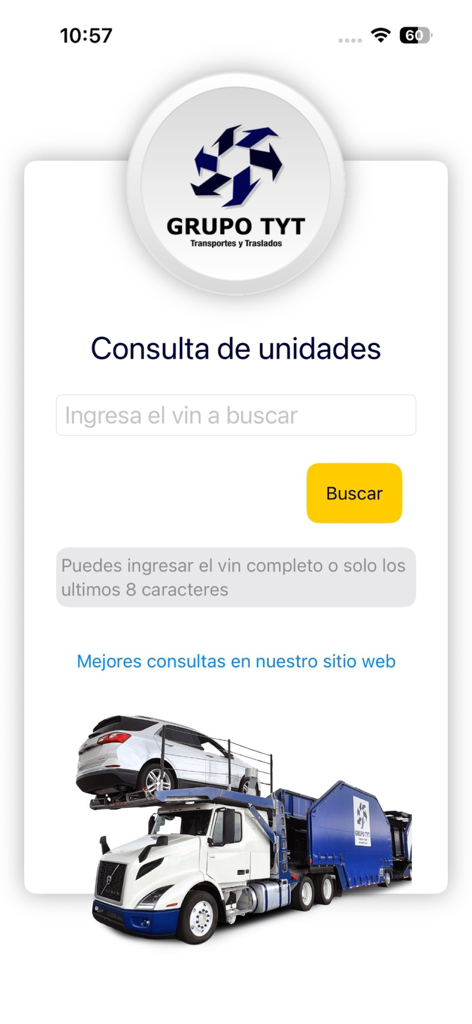 Grupo TyT - Search screen for tracking transport units by VIN in the Grupo TyT app