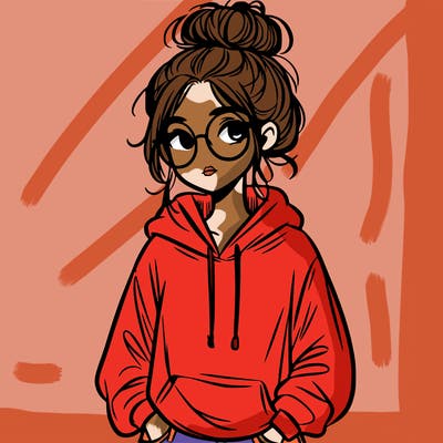 teen girl with a messy bun and glasses wearing a loose hoodie and jeans