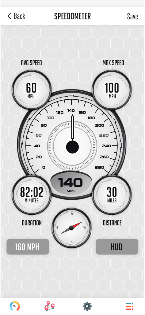 Panel digital del Velocímetro GPS mostrando velocidad en tiempo real, distancia recorrida, duración y brújula