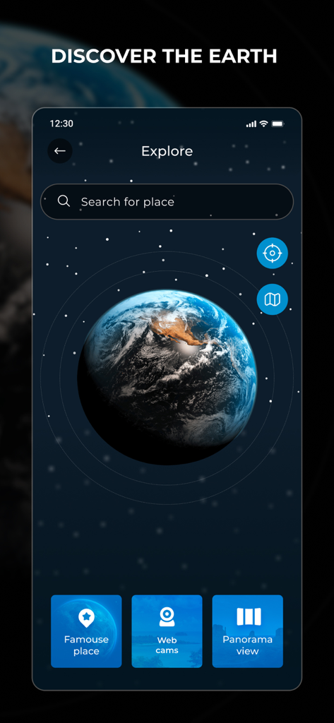 Screenshot of Globe Earth 3D app showing a 3D Earth model with search bar and navigation features like famous places and webcams