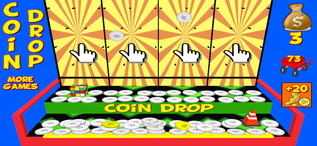 A retro carnival coin pusher game screen with silver and gold coins and collectible prizes