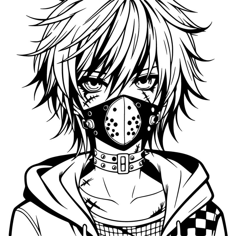 anime boy with scars and emo mask and messy hair with punk shirt