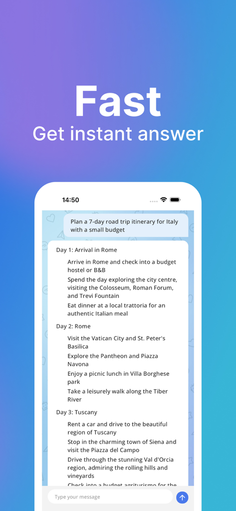 AI ChatBot: Assistant Chat - KI-Chatbot-Oberfläche, die einen 7-tägigen Italien-Roadtrip-Plan mit der Überschrift "Sofortige Antwort erhalten" zeigt.