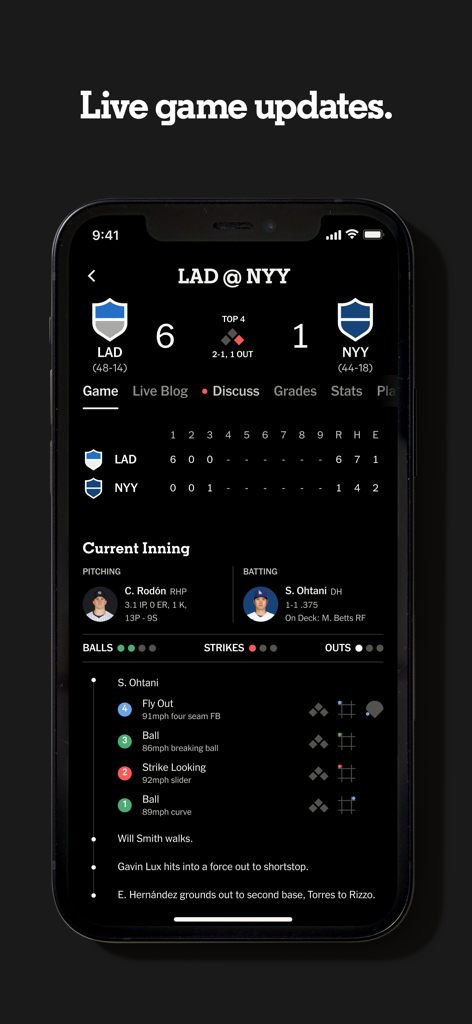 The Athletic app interface showing live baseball scores and detailed play by play stats for a game between the Dodgers and the Yankees.