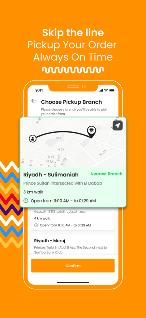 Smartphone-Bildschirm mit der Koinz App Benutzeroberfläche zur Auswahl einer Abholfiliale mit Karte und Restaurantdetails.