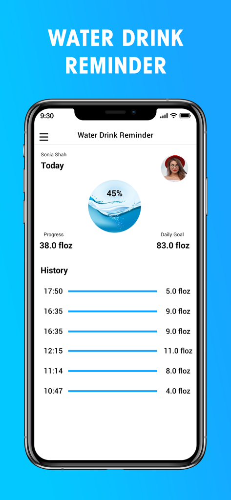 H2O : Drink Water Reminder - H2O water drink reminder app interface showing daily progress and intake history