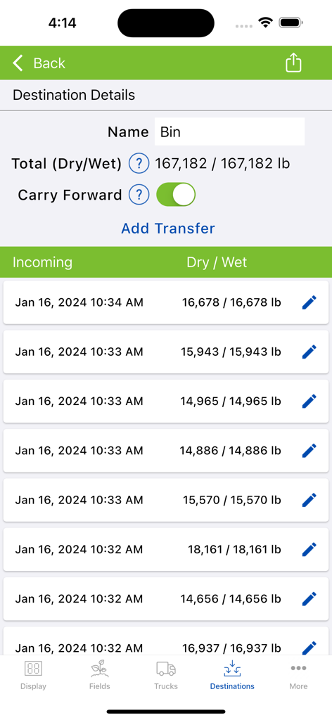 Libra Harvest app screen displaying destination details for a grain bin with a history of weight transactions and timestamps