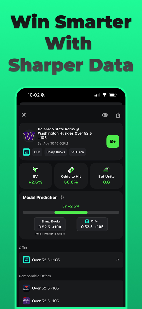 Optimal Bet app screenshot showing EV sports betting analysis and model predictions