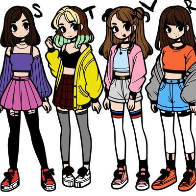 one girl with crop-top shirt and a jacket with a skirt, long socks and another girl with a shirt and pants with a jacket