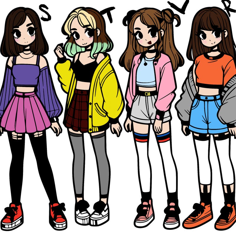 one girl with crop-top shirt and a jacket with a skirt, long socks and another girl with a shirt and pants with a jacket