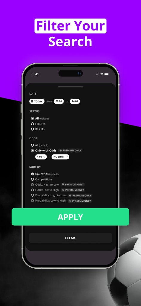 Interface of 180Score soccer prediction app showing search filters for date, match status, and betting odds.