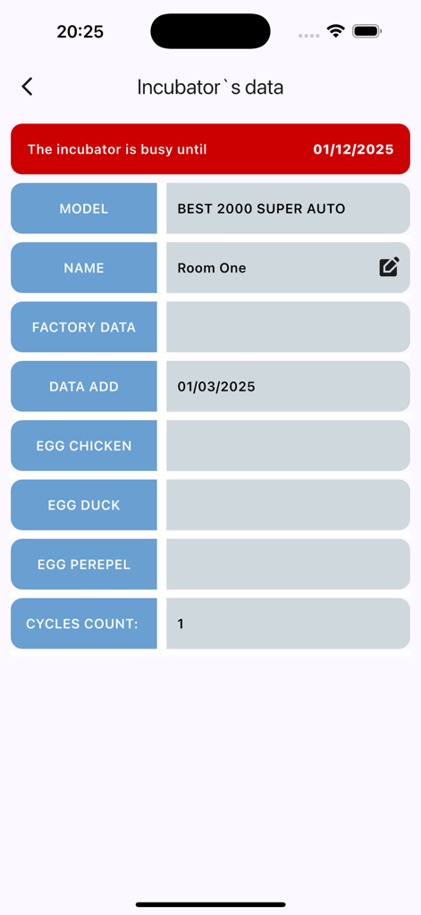 Hatch Tracker Pro - Professional incubator data screen showing model details and cycle management in Hatch Tracker Pro