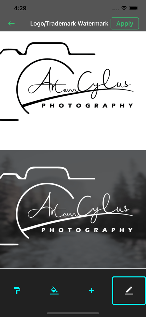 Interface of Easy Watermark app showing the creation and application of a photography logo watermark on a photo.