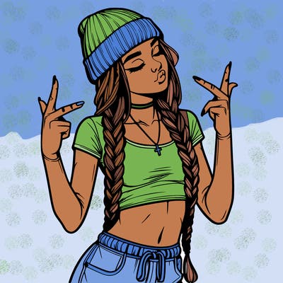realistic teenage girl with braids and a beanie and crop top doing 🫶🏼