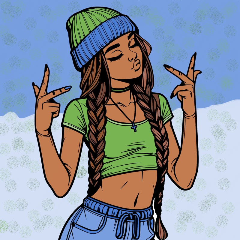 realistic teenage girl with braids and a beanie and crop top doing 🫶🏼
