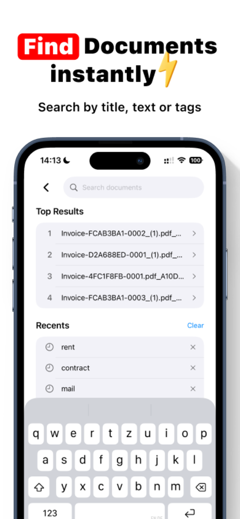 Fyle: PDF Scanner & Organizer - iPhone screen showing the Fyle app document search feature with top results and recent searches