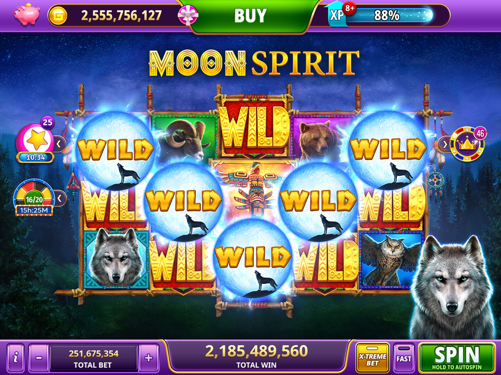 Moon Spirit themed slot machine screen with multiple wild moon symbols and a high coin win