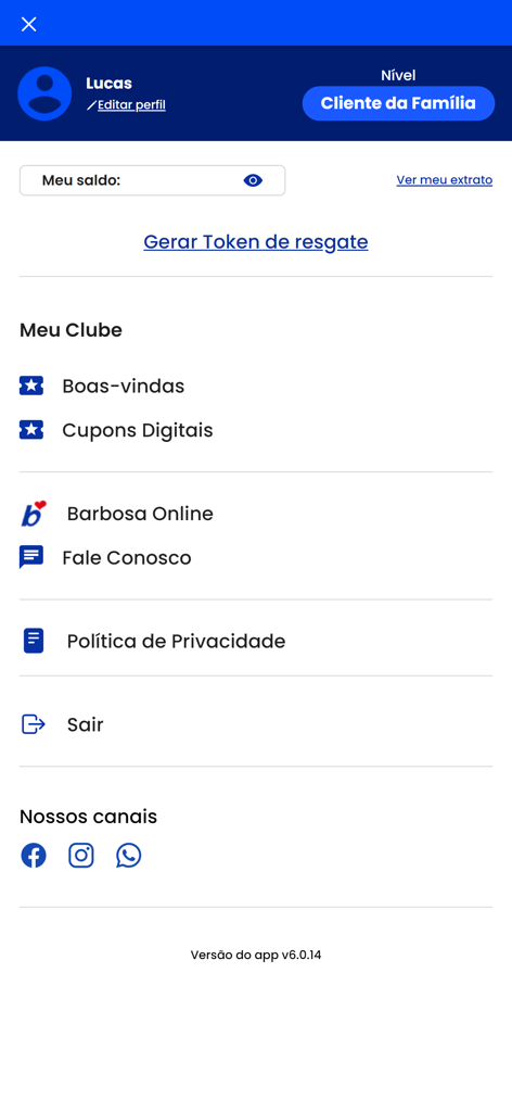 Barbosa Supermercados - User profile and settings menu screen of the Barbosa Supermercados mobile app showing loyalty status and account options