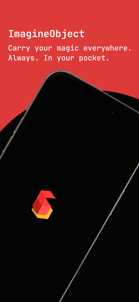 ImagineObject: Magic Trick - Pantalla de introducción de la aplicación de truco de magia ImagineObject con un smartphone y el eslogan Lleva tu magia a todas partes