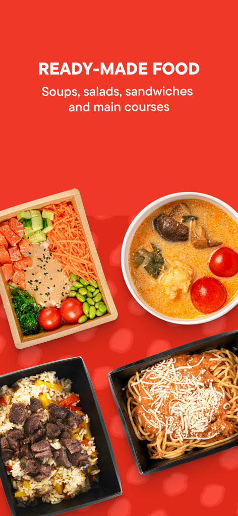 Alma Go – доставка продуктов - A selection of ready-made meals including salads, soups, and pasta dishes from the Alma Go app.