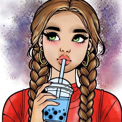 realistic girl with braided hair drinking boba