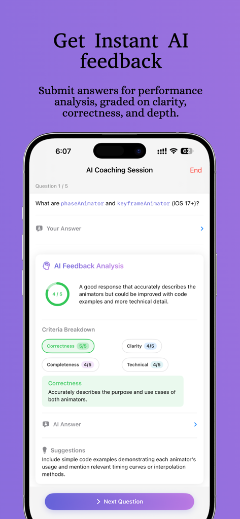 Interview Genie - 성능 점수와 개선 제안을 보여주는 Interview Genie의 AI 피드백 분석 화면.
