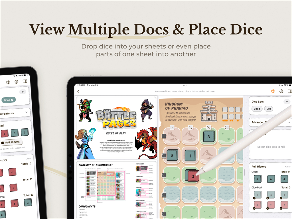 iPad screenshot of Roll N Write app displaying multiple game PDF sheets and digital dice being moved with an Apple Pencil