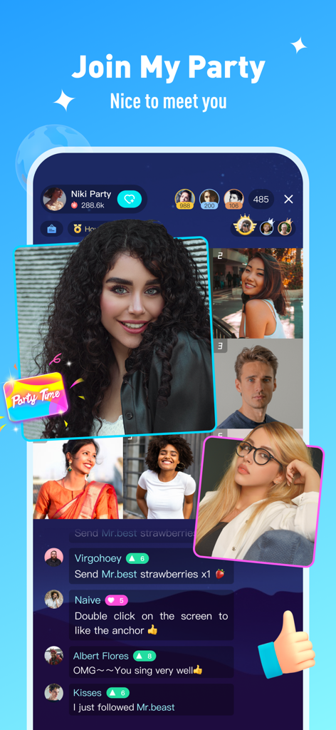 Uma captura de tela do aplicativo Niki Live mostrando uma sala de festa de vídeo em grupo com vários participantes e uma interface de chat ao vivo.