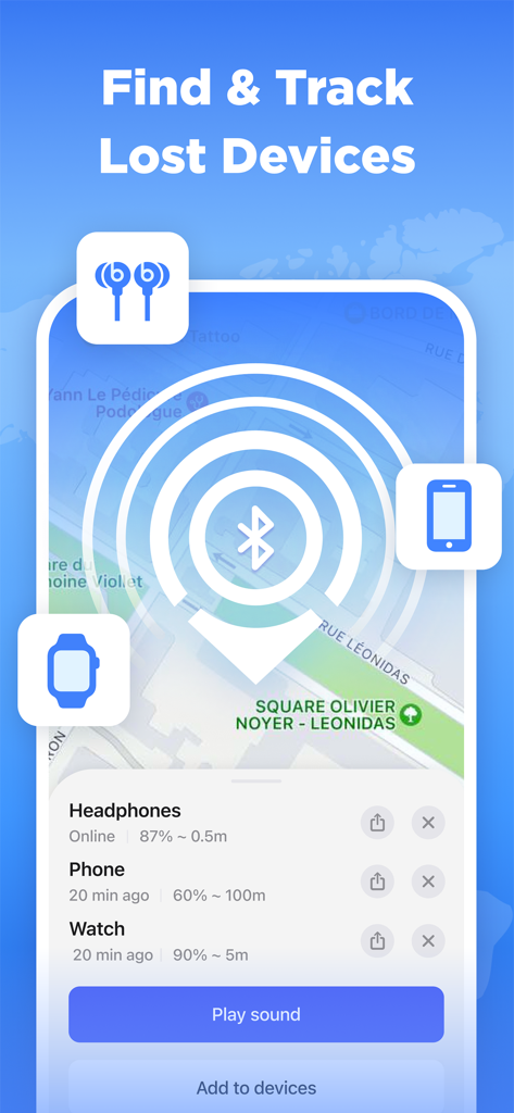 Radar map interface of the Find Bluetooth Device Tracker app showing proximity to lost headphones phone and watch