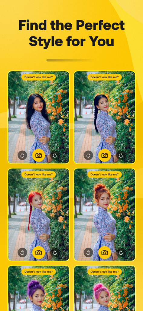 Hair Color & Style Changer AI - A grid of photos showing a woman with different AI simulated hair colors and styles