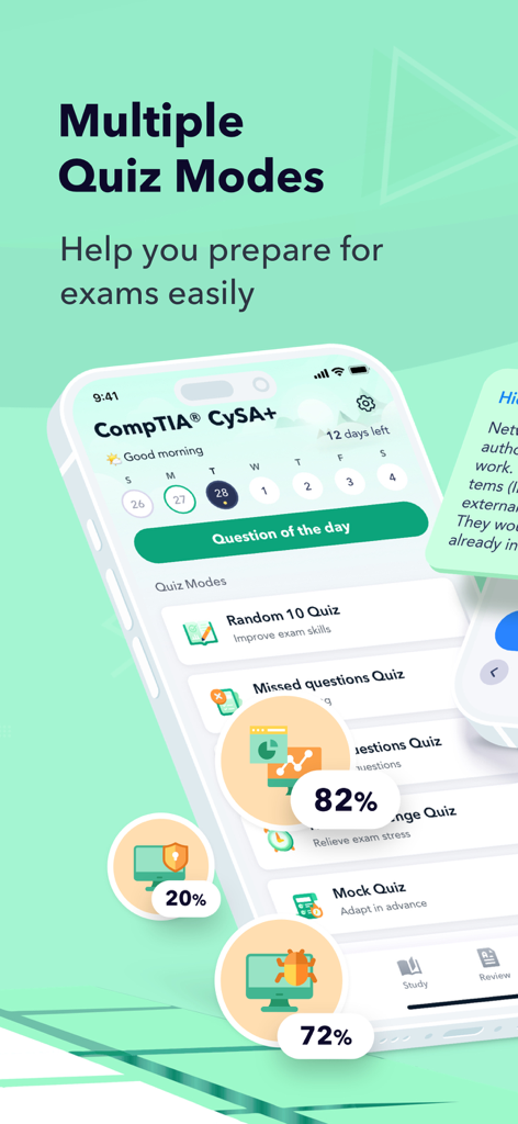 CompTIA CySA exam prep app interface showing multiple quiz modes and study progress tracking with percentages