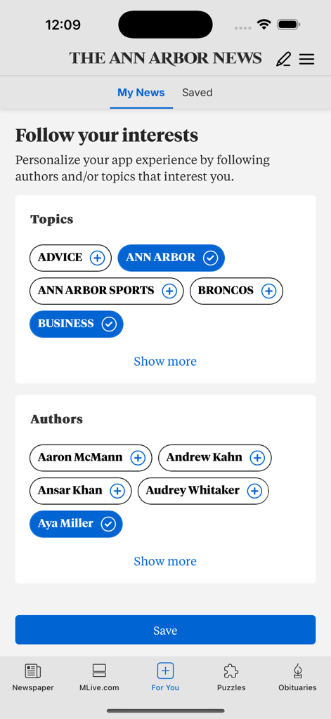 Personalization screen in The Ann Arbor News app for selecting topics and authors to follow.
