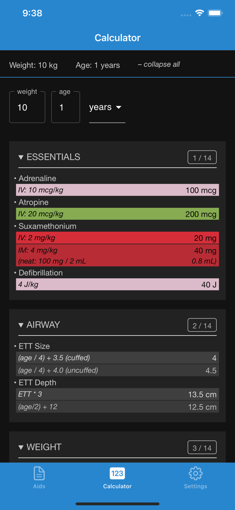 ASCAR - A pediatric dose calculator interface in the ASCAR app showing medical dosages and airway sizes for a one year old child