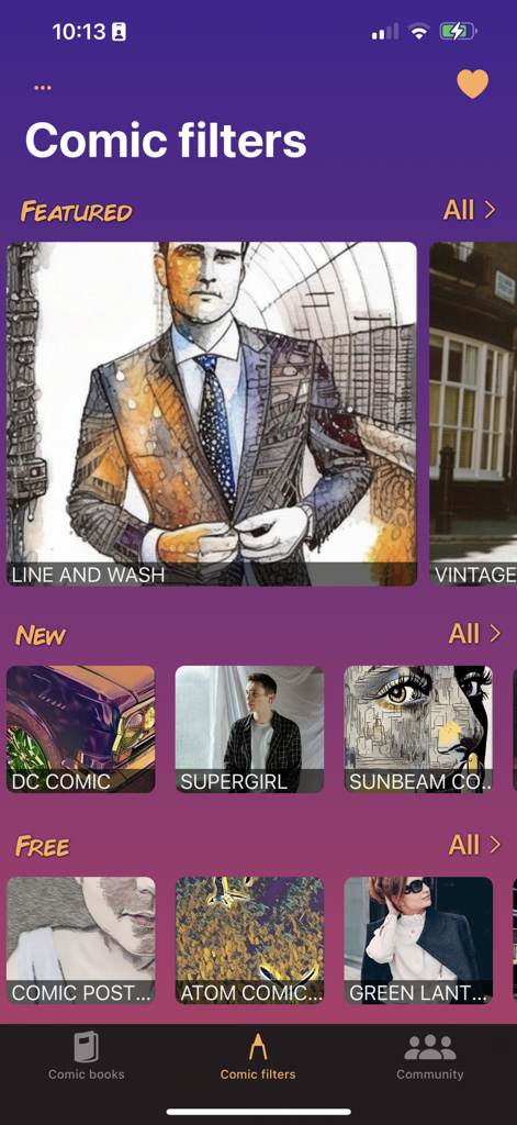 Stylo - AI Comic Artist - Interface of the Stylo app showing various AI comic art styles and filters for photo transformation.