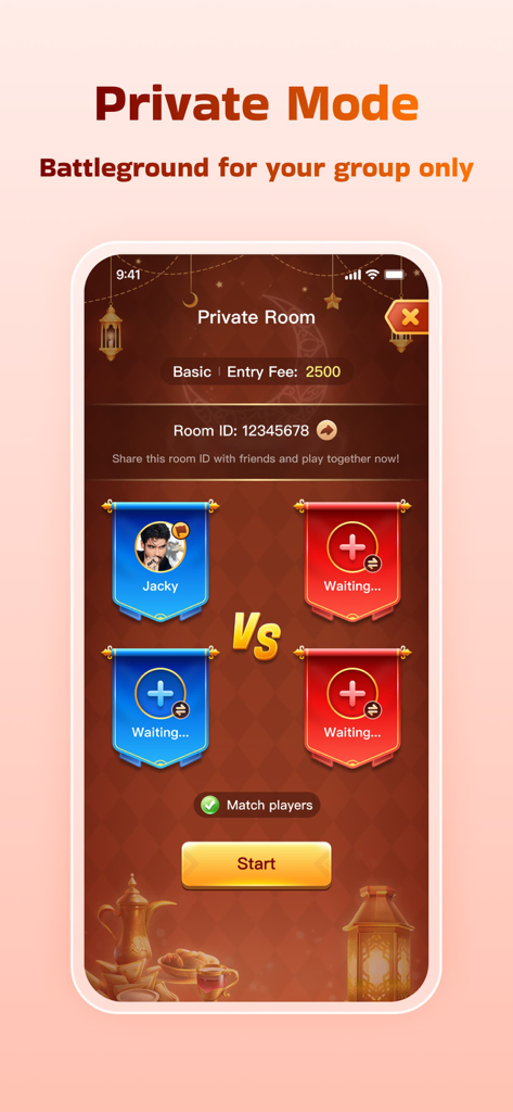 Tela da sala de jogo privada Masa Club mostrando uma configuração de partida de Jackaroo 2v2 com avatares personalizados e slots de equipe