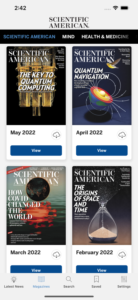 Scientific American - The Magazines section of the Scientific American app displaying various monthly issue covers and download options