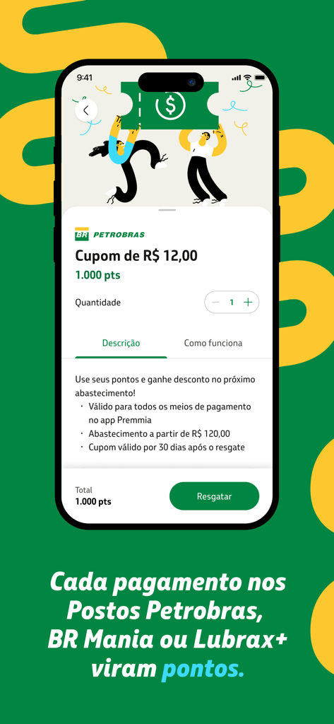 Interface do app Petrobras Premmia mostrando um cupom de desconto disponível para resgate usando pontos de fidelidade.