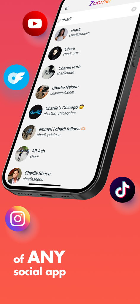iPhone screen showing Zoomer app search results for social media profile pictures with platform icons like TikTok and Instagram.