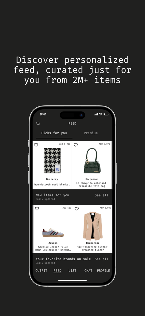 A mobile interface showing a personalized fashion feed in the Get Outfit app featuring curated items from luxury brands like Burberry and Jacquemus.