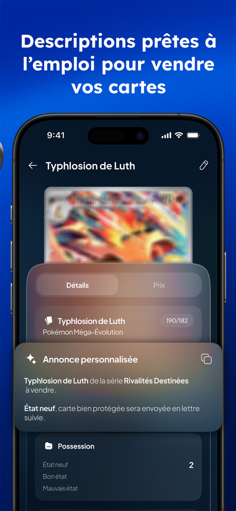 Cardzia - Scan & valeur TCG - Cardzia app screen showing a generated selling description for a Pokemon card