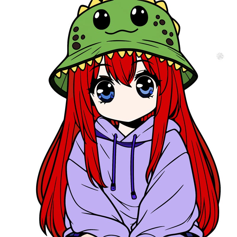 girl with anime shaped eyes with a dinosaur bucket hat oversized sweatshirt long straight hair