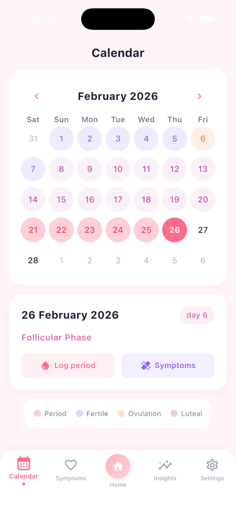 My PinkCycle - Period Tracker - Vista de calendario de la aplicación My PinkCycle que muestra el seguimiento del ciclo menstrual y los días fértiles
