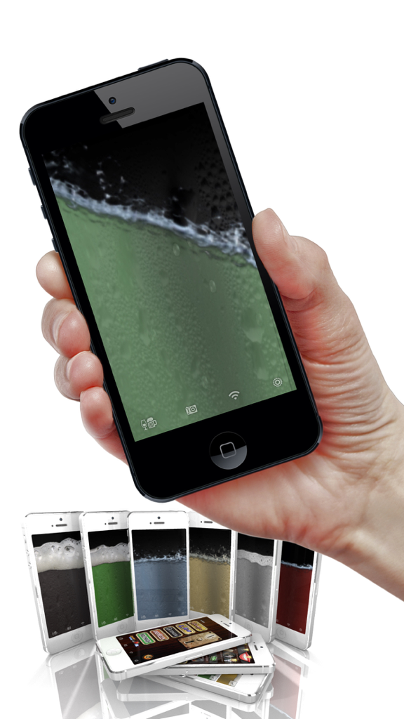 iSoda - Hand holding a smartphone with a green soda drink simulation.