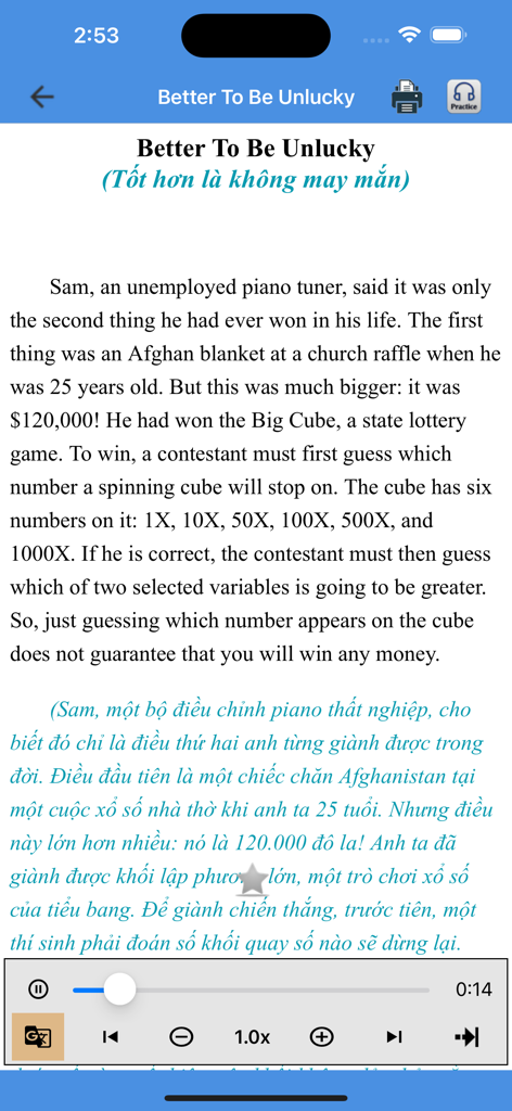 Learn English By Stories + - English story reading interface with Vietnamese translation and synchronized audio player