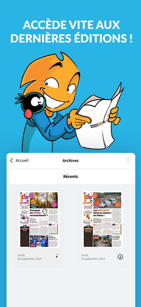 Le JDE app interface showing archives and recent news editions for children in French