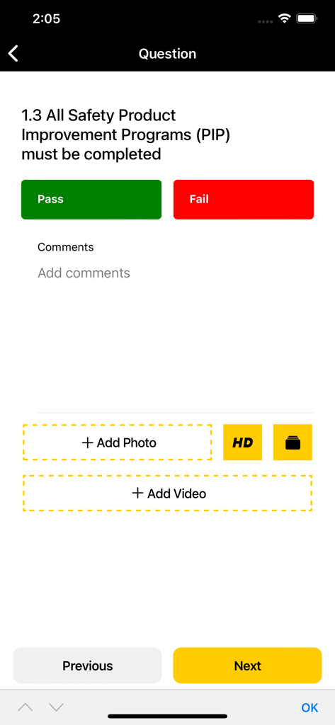 Cat® Inspect - Cat Inspect safety program checklist question with pass and fail buttons