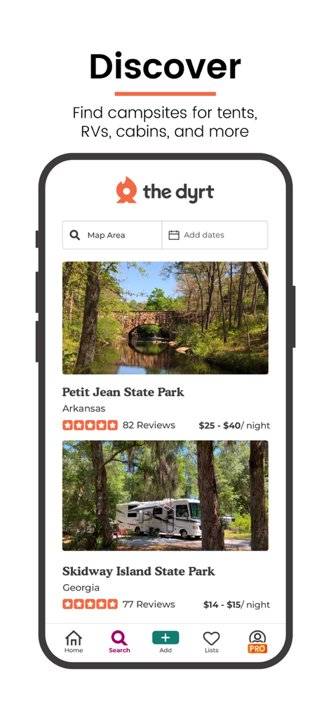 The Dyrt app discovery screen displaying various state park campsite listings with ratings and pricing.